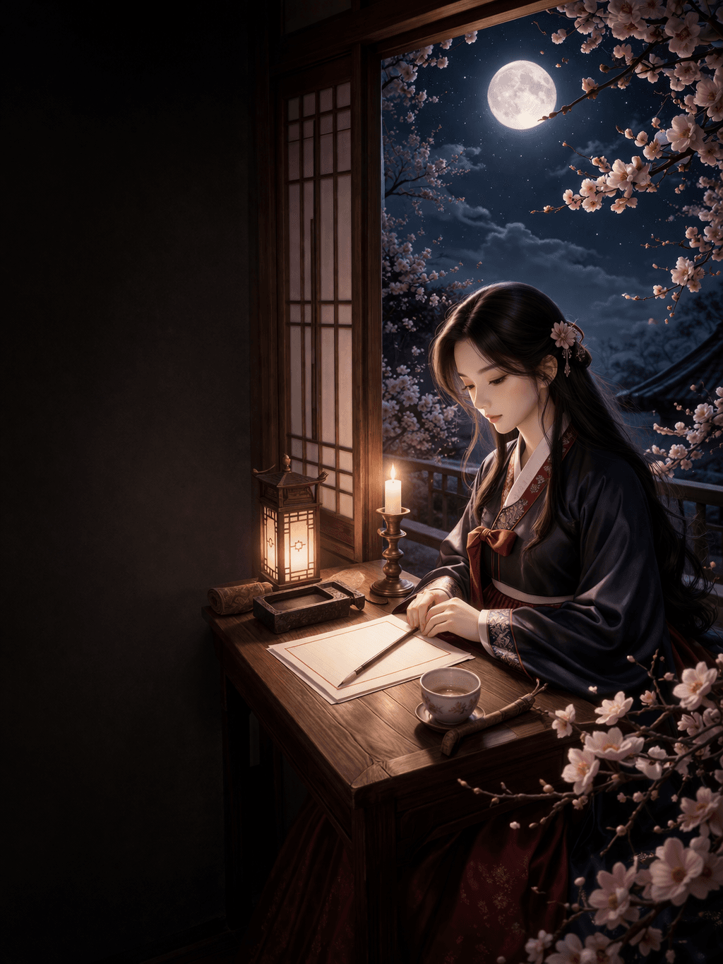 달빛 아래에서 사주 풀이를 준비하는 장면